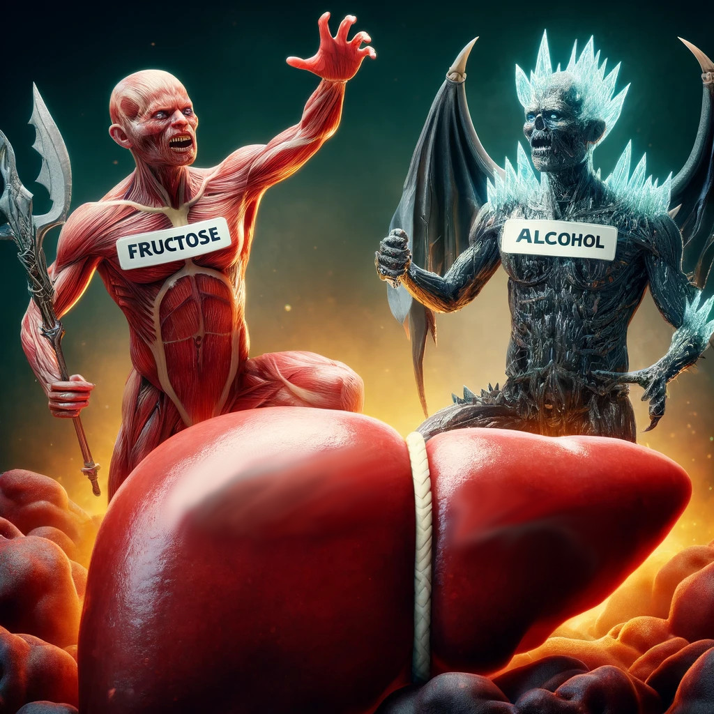 Fructose and alcohol depicted as demons attacking liver